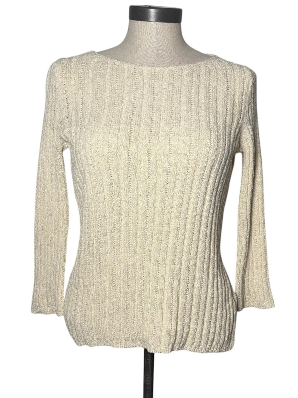 Sigrid Olsen Cream Cable Knit Sweater XS Preppy Ribbed Top Coastal Grandma